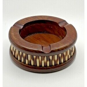 Vintage African Olive Wood and Porcupine Quills Ashtray 3.5 Inches